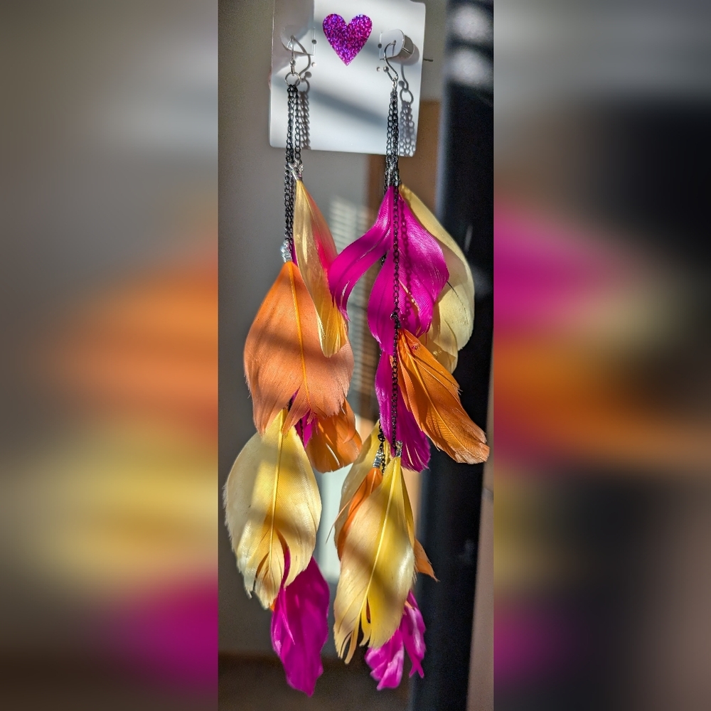Multi Color Chandelier Feather Earrings